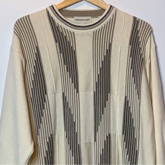 EUC Pronto Uomo Grandpa Golf Sweater Ivory Beige Striped XLT - Picture 2 of 5